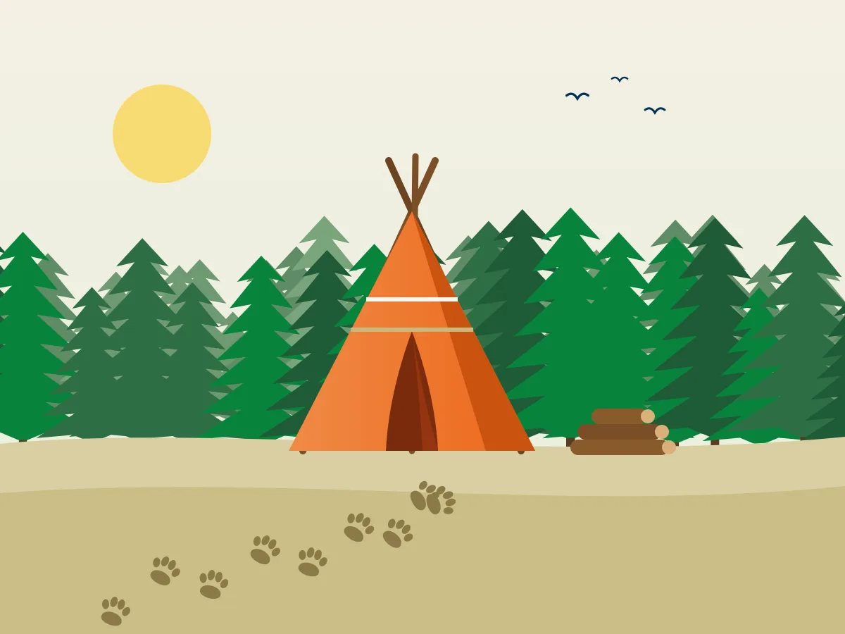Illustration: oranges Tipi am Waldrand mit Holzstapel, im Vordergrund führen Wolfsspuren zum Zelt