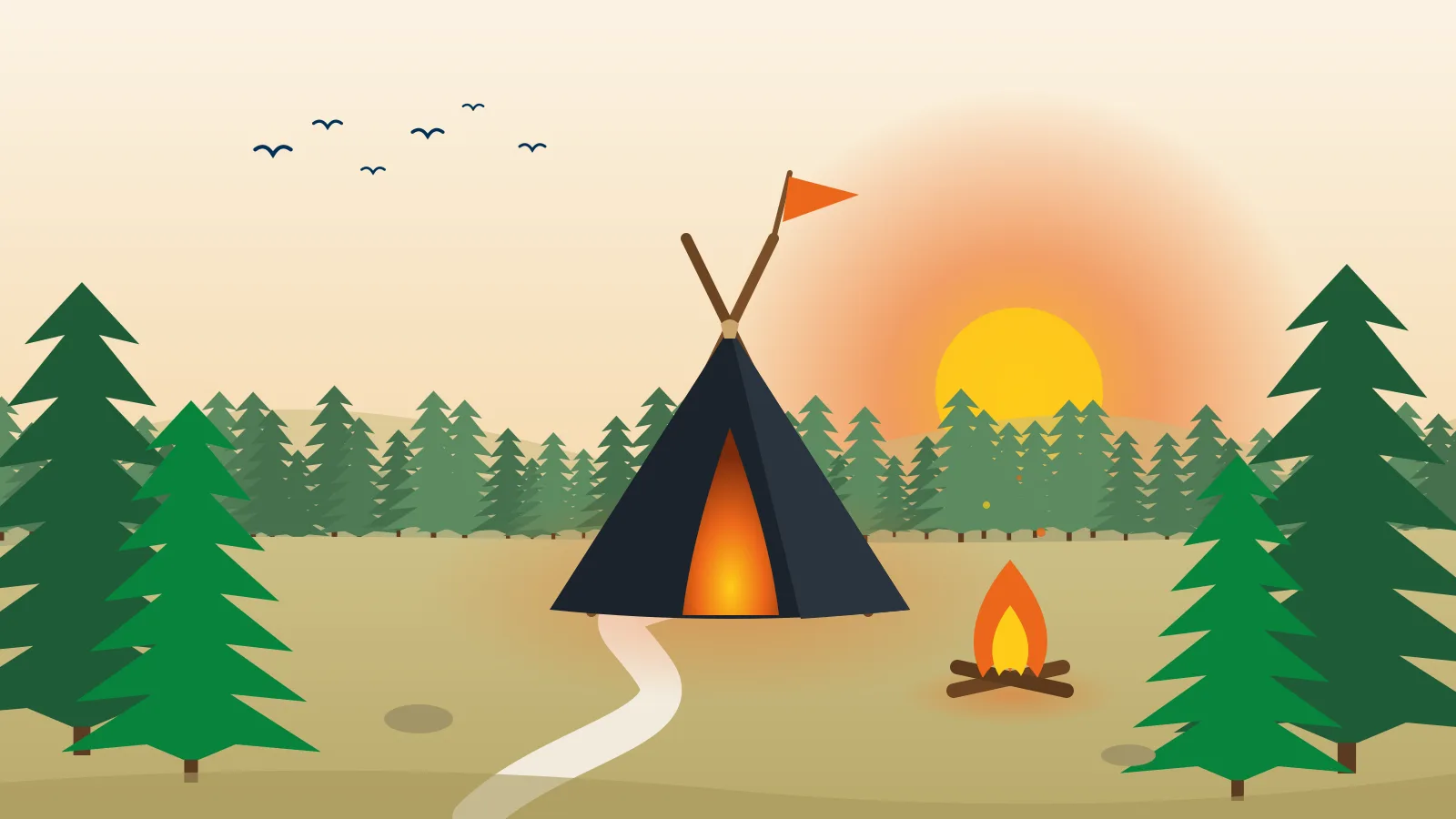 Illustration: schwarze Pfadfinder-Kohte mit orangem Wimpel und Lagerfeuer auf einer Wiese zwischen Tannen im Abendlicht